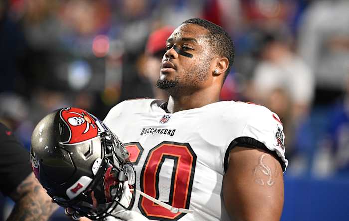 Oct 26, 2023; Orchard Park, New York, USA; Tampa Bay Buccaneers guard Nick Leverett (60) warms up before a game against the Buffalo Bills at Highmark Stadium. Mandatory Credit: Mark Konezny-USA TODAY Sports